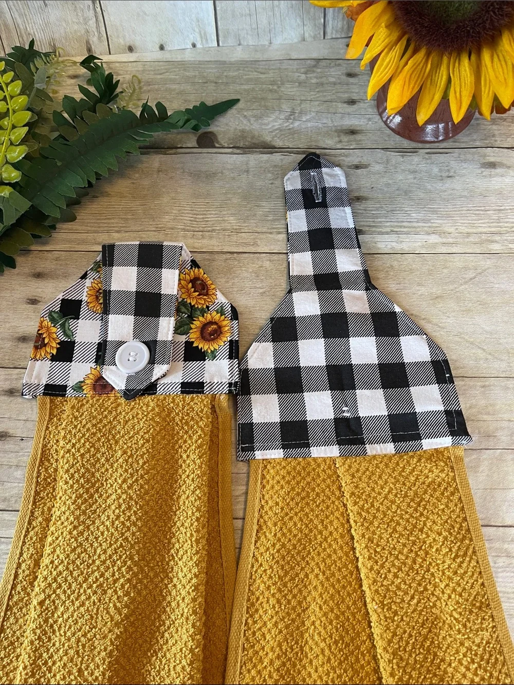 Sunflower Buffalo Check Button-Top Sewn Kitchen Hanging Towels Set of Two